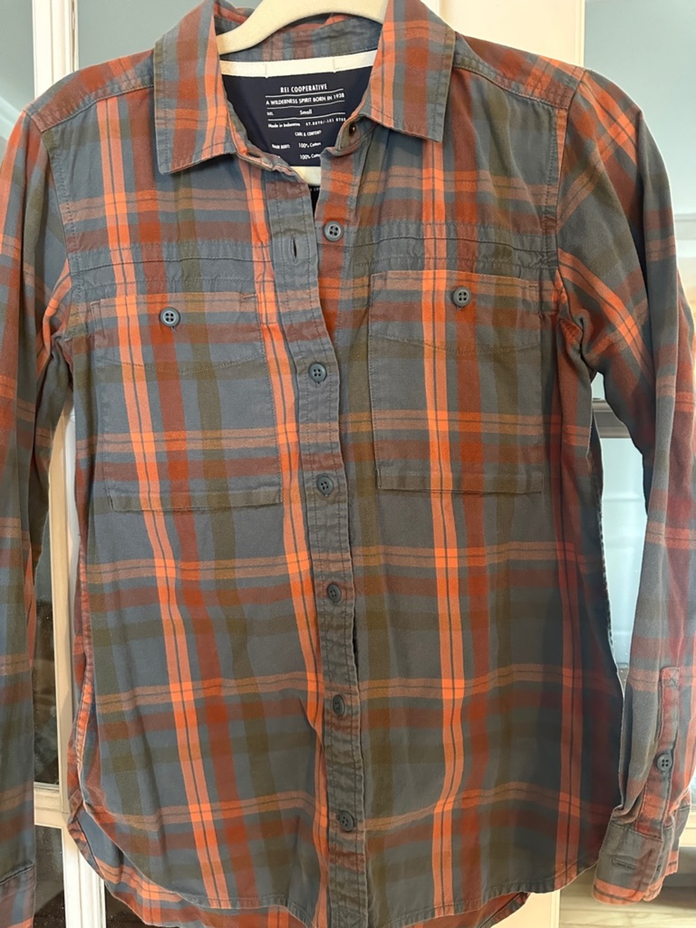 REI women’s Orange & Olive Plaid Button-Down Shirt